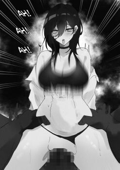 1boy 1girl ahegao animeattics bare_shoulders black_hair blacked_(phrase) blacked_female blacked_male bouncing_breasts breasts censored choker commentary cowgirl_position dark-skinned_male dark_skin english_commentary english_text highres holding_another's_waist large_breasts large_penis looking_down medium_hair midriff mosaic_censoring motion_lines netorare open_clothes open_shirt original penis race_fetishism rolling_eyes sex speech_bubble sports_bra stomach_bulge straddling thighs tongue tongue_out yokoyama_ishimi