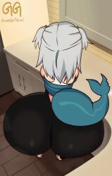 1girl animated artist_name ass ass_focus ass_shake bare_shoulders bent_over black_pants blue_shirt counter fins fish_tail from_behind gawr_gura greatestgori highres hololive hololive_english holomyth huge_ass jiggle kitchen kyojiri_loli loli long_hair off_shoulder pants shark_girl shark_tail shirt shoes solo sound tagme tail tight_clothes tight_pants twerking video virtual_youtuber white_hair yoga_pants