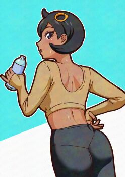 1girl :o absurdres adapted_costume ass black_hair black_leggings bottle commentary_request d1t8a emma_(pokemon) eyelashes grey_eyes hand_on_own_hip hand_up highres holding holding_bottle leggings looking_back nintendo open_mouth pokemon pokemon_legends:_z-a shirt short_hair shoulder_blades solo sweat