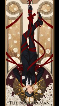 1boy absurdres aleve0420 arms_behind_back bertolt_hoover black_flower black_hair black_jacket black_necktie black_pants black_rose black_shoes black_suit closed_eyes closed_mouth collared_shirt corsage crossed_ankles english_text floral_background flower formal_clothes full_body hanging highres jacket lily_(flower) male_focus necktie pants red_ribbon restrained ribbon rose shingeki_no_kyojin shirt shoes short_hair solo suit suit_jacket tarot the_hanged_man_(tarot) upside-down white_flower white_rose white_shirt