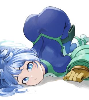 1girl ass blue_bodysuit blue_eyes blue_hair bodysuit boku_no_hero_academia closed_mouth drill_hair female_focus fengling_(furin-jp) gloves green_bodysuit hado_nejire hair_horns highres looking_at_viewer matching_hair/eyes multicolored_bodysuit solo superhero_costume top-down_bottom-up twin_drills white_background yellow_gloves