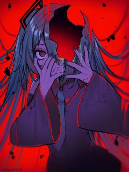 1girl artist_name cracked_skin hands_on_own_face hands_up hatsune_miku highres long_hair long_sleeves looking_at_viewer marshmallow_(vocaloid) nail_polish necktie red_background solo twintails upper_body vickie_(cryingrobot) vocaloid wide_sleeves