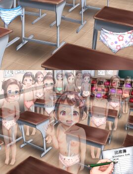1boy 6+girls absurdres age_difference backpack bag barefoot before_and_after black_hair blush breasts cameltoe censored classroom close-up feet flat_chest ghost higeepon highres huge_filesize loli multiple_girls panties pov randoseru see-through_clothes small_breasts smile split_screen standing striped tagme teacher third-party_edit topless_female underwear waving x-ray