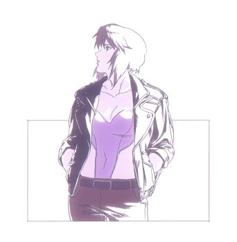 1girl aizheajsee belt black_jacket from_side ghost_in_the_shell ghost_in_the_shell:_stand_alone_complex hands_in_pockets highres jacket kusanagi_motoko leotard looking_to_the_side medium_hair pants purple_eyes purple_hair solo