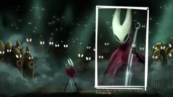 Rule 34 | 1girl, arthropod girl, black eyes, black skin, cloak, colored skin, commentary, english commentary, full body, glowing, glowing eyes, highres, holding, holding weapon, hollow eyes, hollow knight, hollow knight: silksong, horned mask, hornet (hollow knight), horns, instrument, mask, music, needle (hollow knight), needolin (hollow knight), playing instrument, red cloak, rinneg0ne art, solo, standing, weapon, white mask