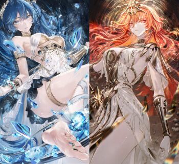 2girls arm_armor armlet armor augusta_(wuthering_waves) bare_shoulders barefoot black_collar blue_eyes blue_hair breastplate breasts character_name closed_mouth collar commentary cowboy_shot dress earrings feet gold_bra hair_belt hair_between_eyes head_wreath headgear highres holding holding_sword holding_weapon iuno_(wuthering_waves) jewelry long_hair looking_at_viewer medium_breasts multicolored_hair multiple_girls orange_eyes orange_hair parted_lips renoahh smile soles split_screen split_theme streaked_hair sun_earrings sword thighlet thighs toe_ring toes twintails underboob upper_body weapon white_dress wuthering_waves