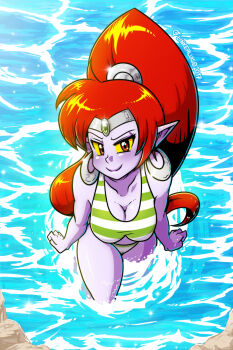 1girl angry beach bikini colored_sclera colored_skin dated earrings highres hoop_earrings jewelry linker long_hair multicolored_bikini nega-shantae pointy_ears ponytail pout purple_skin red_eyes red_hair shantae_(series) signature silver_earrings silver_headwear solo striped_bikini striped_clothes swimsuit tiara two-tone_bikini water wayforward yellow_sclera