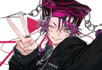 1boy 6_dee3 beanie black_jacket chain chain_necklace closed_mouth hair_between_eyes hand_up hat hat_ornament highres jacket jewelry long_sleeves male_focus multicolored_hair necklace nijisanji one_eye_closed open_clothes open_jacket pendant pink_hair pom_pom_hat_ornament purple_hair ring simple_background smile solo two-tone_hair two-tone_hat upper_body v virtual_youtuber watarai_hibari watarai_hibari_(4th_costume) white_background yellow_eyes
