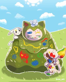 alternate_color alternate_form blue_sky brex_art closed_eyes closed_mouth cloud ears_down fangs flower full_body gen_1_pokemon gen_2_pokemon hand_on_own_hip highres holding holding_own_tail moss mosslax nintendo no_humans paint paint_on_body peakychu pikachu pokemon pokemon_(creature) pokemon_focus pokemon_pokopia sitting sky sleeping smeargle smearguru smile snorlax tail