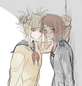 2girls black_sailor_collar blonde_hair boku_no_hero_academia brown_eyes brown_hair closed_mouth commentary double_bun feikefen grey_jacket hair_bun highres jacket kabedon medium_hair multiple_girls neckerchief red_neckerchief sailor_collar school_uniform sweater toga_himiko uraraka_ochako yellow_eyes yellow_sweater yuri
