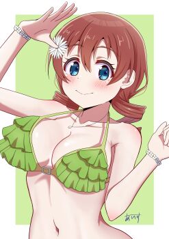 1girl absurdres arm_up bikini blue_eyes blush breasts brown_hair cleavage closed_mouth collarbone commentary_request drill_hair emma_verde female_focus flower freckles green_background green_bikini hair_flower hair_ornament hand_up highres ice_compass0610 jewelry large_breasts long_hair looking_at_viewer love_live! love_live!_nijigasaki_high_school_idol_club low_drills navel necklace official_alternate_costume ruffle_bikini signature simple_background smile solo split_mouth strap_gap swimsuit twin_drills upper_body white_flower