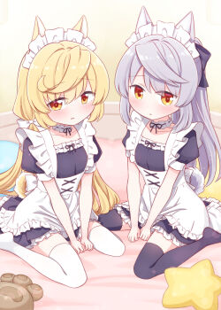 Rule 34 | 2girls, animal ears, apron, black dress, black thighhighs, blonde hair, blush, breasts, brown eyes, commentary request, commission, dog ears, dog girl, dog tail, dress, frilled dress, frills, grey hair, harada (sansei rain), highres, long hair, looking at viewer, low twintails, maid, maid headdress, multiple girls, on bed, open mouth, original, paw-shaped pillow, puffy short sleeves, puffy sleeves, short dress, short sleeves, sitting, skeb commission, small breasts, star-shaped pillow, tail, thighhighs, twintails, wariza, white apron, white thighhighs