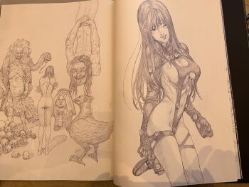 1girl 4others bird_legs breasts commentary_request gantz gantz_suit gloves gun highres large_breasts leotard lips long_hair monochrome multiple_others oku_hiroya one_eye_closed shimohira_reika skull standing tongue tongue_out weapon