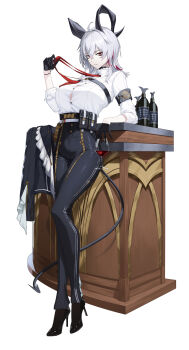 1girl adjusting_clothes adjusting_necktie ahoge armband black_armband black_choker black_gloves black_horns black_jacket black_pants black_shoes black_tail bottle breasts button_gap chest_harness choker collared_shirt commentary_request cup curled_horns demon_tail derk drinking_glass full_body gloves grey_hair hair_between_eyes half_gloves harness high-waist_pants high_heels highres holding holding_cup horns jacket korean_commentary large_breasts long_hair looking_at_viewer multicolored_hair necktie pants patent_heels pumps red_eyes red_necktie shirt shoes simple_background solo stiletto_heels streaked_hair tail tight_clothes tight_pants unworn_jacket white_background white_shirt wuthering_waves zani_(wuthering_waves)