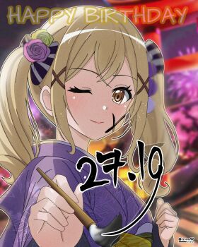 1girl bang_dream! blonde_hair blurry blurry_background brown_eyes festival flower hair_flower hair_ornament happy_birthday highres holding ichigaya_arisa izami_md japanese_clothes kimono looking_at_viewer one_eye_closed paintbrush smile solo twintails upper_body