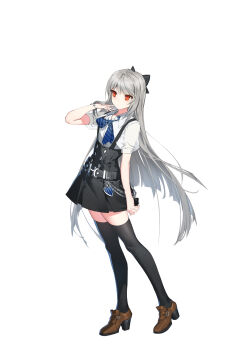 1girl absurdres adjusting_hair belt black_belt black_bow black_thighhighs block_heels blue_necktie bow brown_shoes buttons closed_mouth closers collared_shirt diagonal-striped_clothes diagonal-striped_necktie double-breasted full_body grey_hair hair_bow hand_up high-waist_skirt highres long_hair miniskirt necktie no_pupils orange_eyes puffy_short_sleeves puffy_sleeves shirt shoes short_sleeves skirt solo standing striped_clothes suspender_skirt suspenders tachi-e thighhighs tina_(closers) very_long_hair wallet_chain white_background white_shirt zettai_ryouiki