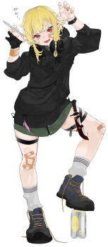 1girl absurdres apple_pencil bandaid bandaid_on_face bandaid_on_leg blonde_hair can commentary drink_can headphones headphones_around_neck highres knife original pakupaku_keema qr_code red_eyes solo thigh_strap white_background