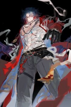Rule 34 | 1boy, absurdres, ahoge, bandages, beads, belt, black background, blade (honkai: star rail), chinese commentary, coattails, commentary request, dichlorvos, double-parted bangs, gloves, gradient hair, hair over one eye, highres, honkai: star rail, honkai (series), jewelry, long hair, looking down, male focus, mortenax blade (honkai: star rail), multicolored hair, necklace, open clothes, pants, single glove, tailcoat, tassel, thigh strap, toned, toned male