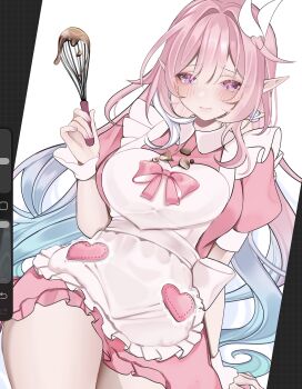 Rule 34 | 1girl, alternate costume, apron, aqua hair, art program in frame, blush, breasts, commentary, cyrene (demiurge) (honkai: star rail), cyrene (honkai: star rail), diamond-shaped pupils, diamond (shape), dress, english commentary, highres, holding, holding whisk, honkai: star rail, honkai (series), large breasts, long hair, multicolored hair, pink dress, pink hair, pointy ears, purple eyes, rosheil, simple background, skirt, solo, symbol-shaped pupils, thighs, very long hair, whisk, white apron, white background, white hair