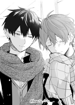 Rule 34 | 2boys, black hair, black jacket, blush, closed eyes, closed mouth, commentary request, given, greyscale, hamta tass, highres, jacket, light blush, light smile, looking at another, male focus, monochrome, multiple boys, satou mafuyu, scarf, smile, uenoyama ritsuka, watermark
