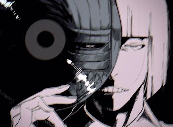 1boy black_background bleach blunt_bangs blunt_ends commentary_request different_reflection fingernails greyscale highres hirako_shinji hollow_mask looking_at_viewer male_focus monochrome reflection short_hair siji105 simple_background solo vinyl_record