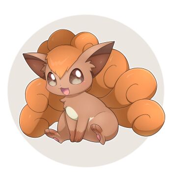animal_focus blush brown_fur cosmos3572 fox full_body gen_1_pokemon highres looking_at_viewer multiple_tails nintendo no_humans open_mouth pokemon pokemon_(creature) pokemon_focus red_fur simple_background sitting smile solo tail vulpix