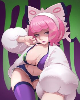 1girl asymmetrical_bikini asymmetrical_legwear bow breasts drill_hair drill_sidelocks eyeshadow flipped_hair fur_jacket hair_bow hairband highres jacket kaerujj klara_(pokemon) large_breasts makeup medium_breasts mismatched_legwear mole mole_under_mouth nintendo pink_eyeshadow pink_hair pink_lips pink_nails pokemon pokemon_swsh print_shorts purple_eyes shaded_face short_hair shorts side_slit side_slit_shorts sidelocks smile solo two-tone_shorts two-tone_thighhighs white_bow white_hairband