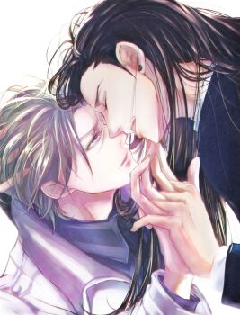 2boys artist_request bindi black_hair blonde_hair blue_eyes closed_eyes collar earrings eyebrows eyelashes face-to-face final_fantasy final_fantasy_vii final_fantasy_vii_remake formal_clothes highres holding holding_hands jewelry long_hair looking_at_another male_focus multiple_boys necktie noses_touching open_mouth ponco_pacoooon rufus_shinra simple_background square_enix suit teeth tseng turks_(ff7) white_background wing_collar yaoi