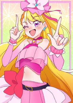 Rule 34 | 1girl, akizora (aki precure), bad id, bad twitter id, belt, black belt, blonde hair, bow, braid, braided bangs, bridal gauntlets, brooch, butterfly hat ornament, commentary, cowboy shot, cropped shirt, cure butterfly, earrings, elbow gloves, frilled shirt, frills, gloves, hat, hat ornament, highres, hijiri ageha, hirogaru sky! precure, index finger raised, jewelry, long hair, looking at viewer, magical girl, microskirt, midriff, mob cap, multicolored hair, navel, one eye closed, open mouth, orange hair, pink gloves, pink hat, pink shirt, pink skirt, pleated skirt, precure, purple eyes, red bow, shirt, showgirl skirt, single leg pantyhose, skirt, skirt bow, sleeveless, sleeveless shirt, smile, solo, standing, tilted headwear, two-tone hair, very long hair, wing brooch