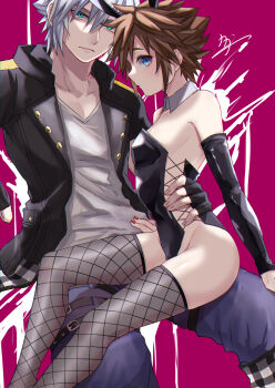 2boys androgynous blue_eyes brown_hair closed_mouth crossdressing fishnet_thighhighs fishnets gender_request groin highres kagachi_118 kingdom_hearts kingdom_hearts_iii leg_belt looking_at_viewer male_focus multiple_boys red_nails riku_(kingdom_hearts) short_hair sora_(kingdom_hearts) spiked_hair thighhighs trap