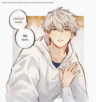 1boy 1girl blue_eyes blue_shirt border commentary english_commentary english_text grey_hair hair_between_eyes hand_on_another&#039;s_shoulder hetero highres hood hood_down hoodie looking_at_viewer love_and_deepspace male_focus nijinoji parted_lips protagonist_(love_and_deepspace) shirt short_hair sweat white_border white_hoodie xavier_(love_and_deepspace)