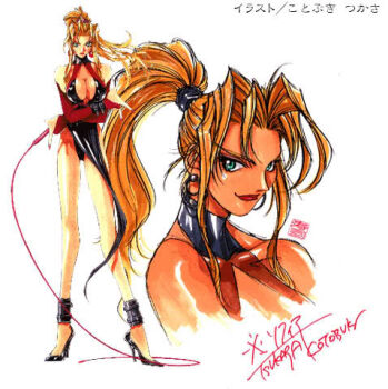 1girl artist_name bare_shoulders blonde_hair breasts bridal_gauntlets cleavage cleavage_cutout clothing_cutout crossed_arms cuffs dress earrings fingernails floating_hair green_eyes halterneck high_heels high_ponytail jewelry kotobuki_tsukasa large_breasts latex lipstick long_fingernails long_hair long_legs lowres makeup nail_polish no_bra official_art ponytail scrunchie shiny_clothes shoes side_slit sidelocks signature simple_background smile sofia sofia_(toushinden) standing tamsoft toushinden translation_request turtleneck weapon whip white_background