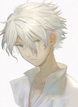 1boy :| closed_mouth collared_shirt commentary_request cropped_shoulders fujie_xy green_eyes hair_between_eyes highres looking_to_the_side male_focus octopath_traveler octopath_traveler_i open_collar popped_collar scar scar_on_face shirt sideways_glance simple_background solo therion_(octopath_traveler) white_background white_shirt white_theme