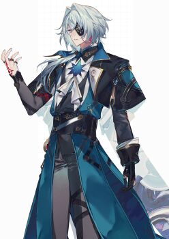 1boy absurdres anaxa_(honkai:_star_rail) aqua_hair black_gloves black_jacket chain earrings eyepatch gem gloves hair_between_eyes hair_intakes hand_tattoo hand_up highres honkai:_star_rail honkai_(series) jacket jewelry lapels male_focus mandarin_collar medium_hair notched_lapels one_eye_covered parted_lips partially_fingerless_gloves red_gemstone red_tattoo shirt side_ponytail single_earring single_glove solo standing tattoo teeth white_background white_shirt zv0301
