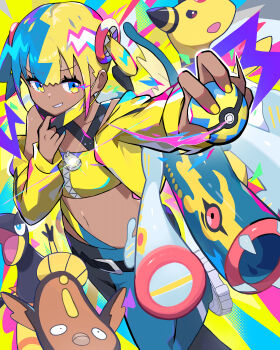 1girl absurdres ampharos aqua_hair bakeneko1212 bandeau belt black_belt black_mask blonde_hair blue_eyes blue_skin breasts canari_(pokemon) colored_sclera colored_skin commentary_request criss-cross_straps dark-skinned_female dark_skin eel eelektross fangs fish forehead_jewel gen_2_pokemon gen_5_pokemon gen_6_pokemon helioptile highres holding holding_poke_ball jacket lamprey long_sleeves looking_at_viewer mask mask_pull mega_eelektross mega_pokemon mega_stone mouth_mask multicolored_hair multicolored_skin navel nintendo open_mouth pants poke_ball pokemon pokemon_(creature) pokemon_legends:_z-a quick_ball red_sclera short_twintails split-color_hair sports_bra stunfisk twintails two-tone_hair two-tone_mask two-tone_pants two-tone_skin white_skin yellow_bandeau yellow_jacket yellow_mask yellow_nails yellow_sports_bra