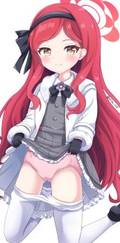 1girl absurdres black_bow black_bowtie black_gloves black_hairband black_shoes blue_archive bow bowtie brown_eyes cameltoe closed_mouth clothes_lift clothes_pull commentary_request dress dress_lift flat_chest fur-trimmed_jacket fur_trim gloves grey_dress hairband halo highres jacket kneeling lifting_own_clothes long_hair long_sleeves looking_at_viewer open_clothes open_jacket panties pantyhose pantyhose_pull pink_panties red_hair red_halo shoes sills simple_background smile solo swept_bangs takane_(blue_archive) underwear variant_set very_long_hair white_background white_jacket white_pantyhose