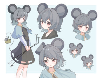 1girl alternate_costume animal_ears black_shirt black_skirt black_vest blue_capelet blush capelet closed_mouth commentary dowsing_rod grey_hair highres holding holding_with_tail jewelry long_sleeves looking_at_viewer mouse_(animal) mouse_ears mouse_girl mouse_tail multiple_expressions multiple_views nazrin necklace ocooco open_mouth pendant prehensile_tail red_eyes shirt skirt smile tail touhou vest