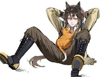 1girl animal_ears animal_on_stomach arms_behind_head belt black_belt black_boots boots brown_hair brown_jacket brown_pants cat closed_mouth collared_shirt commentary_request denim dot_nose downturned_eyes dress_pants ear_covers exercising full_body hair_between_eyes happy high_collar highres horse_ears horse_girl horse_tail jacket jeans knee_boots knees_up korean_commentary lace-up_boots light_blush long_sleeves looking_at_another medium_hair multicolored_hair nohee07 open_clothes open_jacket orange_cat pants shirt simple_background smile solo spread_legs stay_gold_(umamusume) streaked_hair tabby_cat tail torn_clothes torn_jeans torn_pants umamusume white_background white_shirt wrist_belt