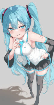 1girl absurdres alternate_breast_size_(larger) aqua_eyes aqua_hair aqua_necktie aqua_trim arm_tattoo black_skirt blush boots breasts collared_shirt detached_sleeves eikawa_suru from_above grey_background hair_between_eyes hair_ornament hatsune_miku headphones highres long_hair long_sleeves medium_breasts miniskirt necktie number_tattoo parted_lips pleated_skirt shirt skirt sleeveless sleeveless_shirt smile tattoo teeth thigh_boots thighhighs twintails very_long_hair vocaloid white_shirt wide_sleeves zettai_ryouiki