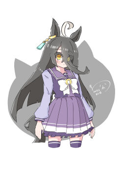Rule 34 | 1girl, :/, absurdres, ahoge, animal ears, black hair, blunt ends, bow, bowtie, closed mouth, commentary request, dated, dot mouth, ear ornament, ear tag, earrings, eyes visible through hair, frilled skirt, frills, hair between eyes, hanetsuki 777, highres, horse ears, horse girl, horse tail, jewelry, long hair, long hair between eyes, long sleeves, manhattan cafe (umamusume), multicolored hair, pleated skirt, purple sailor collar, purple shirt, purple skirt, purple thighhighs, sailor collar, school uniform, shirt, shirt tucked in, simple background, single earring, skirt, solo, tail, thighhighs, tracen school uniform, umamusume, very long hair, white background, white bow, white bowtie, white hair, yellow eyes, zettai ryouiki