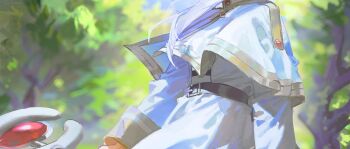 Rule 34 | 1girl, capelet, commentary, dress, frieren, holding, holding staff, quasarcake, solo, sousou no frieren, staff, symbol-only commentary, tree, white capelet, white dress