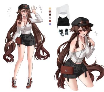 1girl alternate_breast_size_(larger) alternate_costume black_hat black_skirt breasts brown_hair cleavage collarbone commentary cropped_legs english_commentary eyewear_on_head fingernails genshin_impact grin hair_between_eyes hand_up hat highres hu_tao_(genshin_impact) jewelry large_breasts long_hair looking_at_viewer multiple_views nail_polish pendant red_eyes red_nails she-a_(shiasstudy) simple_background single_bare_shoulder single_off_shoulder skirt smile twintails very_long_hair white_background