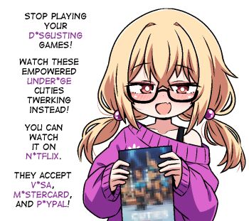 1girl :d black-framed_eyewear blonde_hair blush bright_pupils brown_eyes censored censored_text collective_shout commentary crossed_bangs cuties_(movie) english_commentary english_text fang hair_bobbles hair_ornament ink_(inksgirls) jaggy_lines long_hair long_sleeves looking_at_viewer low_twintails mesugaki mosaic_censoring off-shoulder_sweater off_shoulder open_mouth original personification purple_sweater semi-rimless_eyewear simple_background skin_fang sleeves_past_wrists smile solo sweater twintails under-rim_eyewear upper_body white_background white_pupils