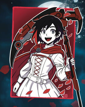 1girl :d black_hair broken_moon cape commentary corset crescent_rose dress english_commentary eyelashes grey_eyes highres holding holding_scythe holding_weapon jdofasgard jpeg_artifacts limited_palette long_sleeves moon open_mouth outline red_cape red_petals ruby_rose rwby scythe short_hair smile solo teeth upper_teeth_only weapon white_outline