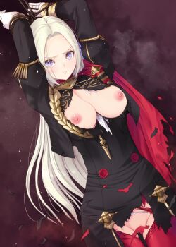 1girl arms_up bdsm black_suit blush bondage bound bound_wrists breasts breasts_out buttons cape closed_mouth commentary_request edelgard_von_hresvelg female_focus fire_emblem fire_emblem:_three_houses formal_clothes garreg_mach_monastery_uniform glaring gloves kirishima_satoshi long_hair long_sleeves medium_breasts nintendo nipples no_bra no_panties panties pantyhose purple_eyes pussy pussy_peek red_cape red_pantyhose redrawn restrained rope school_uniform scowl shirt simple_background smoke suit teardrop tears torn_clothes torn_panties torn_pantyhose torn_shirt underwear white_gloves white_hair white_panties wrists_tied_together