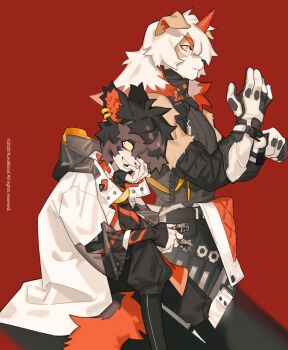 aak_(arknights) animal_ears arknights bottle cat_ears cat_tail copyright_notice dog_ears dog_tail ear_piercing furry furry_male furry_with_furry hand_on_own_face highres holding holding_bottle horns hung_(arknights) kuroblood looking_at_viewer male_focus mythological_creature naughty_face piercing red_background single_horn sleeveless sleeveless_turtleneck tail turtleneck