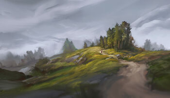 cloud cloudy_sky dirt_road fog grass highres hill landscape original painterly path refiend road rock scenery sky tree