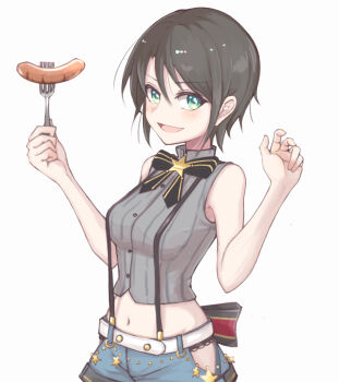 1girl aqua_eyes back_bow black_bow black_bowtie black_hair blue_shorts blush bow bowtie brooch clothing_cutout commentary cropped_shirt eihire food fork green_eyes grey_shirt high_collar hip_vent holding holding_fork hololive jewelry large_bow looking_at_viewer midriff navel no_hair_ornament no_headwear no_jacket oozora_subaru oozora_subaru_(suspenders) open_mouth panties panty_peek pinstripe_pattern pinstripe_shirt sausage sausage_legend shirt short_hair short_shorts shorts simple_background sleeveless sleeveless_shirt smile solo star_brooch suspenders swept_bangs underwear v-shaped_eyebrows virtual_youtuber w_arms white_background