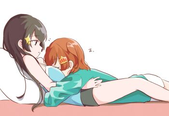 Rule 34 | 2girls, :|, aijou karen, arm at side, bare arms, bare shoulders, black hair, black shorts, blue camisole, blue eyes, breasts, brown hair, camisole, closed eyes, closed mouth, commentary request, covered face, crown hair ornament, facing another, feet out of frame, flying sweatdrops, from side, green shirt, hair ornament, head on chest, highres, hirake goma, hug, kagura hikari, long hair, long sleeves, looking at another, looking down, lying, lying on person, medium hair, multiple girls, on back, on stomach, profile, reclining, shirt, shorts, shoujo kageki revue starlight, simple background, sleeping, sleeveless, small breasts, sparkle hair ornament, two side up, white background, white shorts, white trim, yuri, zzz