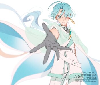 1boy aoi_tete arm_cuffs bare_arms belt black_gloves brooch cloak closed_mouth cure_connect earrings feathered_wings feathers floating floating_hair forehead forehead_jewel gloves green_cloak green_eyes green_hair hair_ornament half_gloves hibiki_kaito highres hoop hoop_earrings jewelry kimi_to_idol_precure long_hair looking_at_viewer low-tied_long_hair mature_male metal_arm_cuffs multiple_earrings parted_bangs precure reaching reaching_towards_viewer sleeveless solo solo_focus twitter_username watermark wind wing_hair_ornament wing_hairpin wings